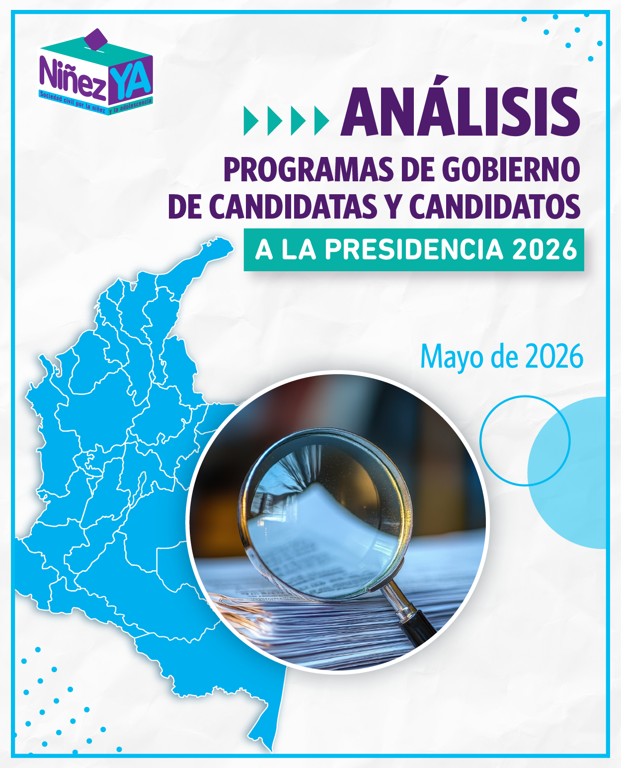 Un mapa de Colombia enfocado por una lupa para ver el Análisis a los programas de gobierno de candidatos y candidatas a la presidencia 2026