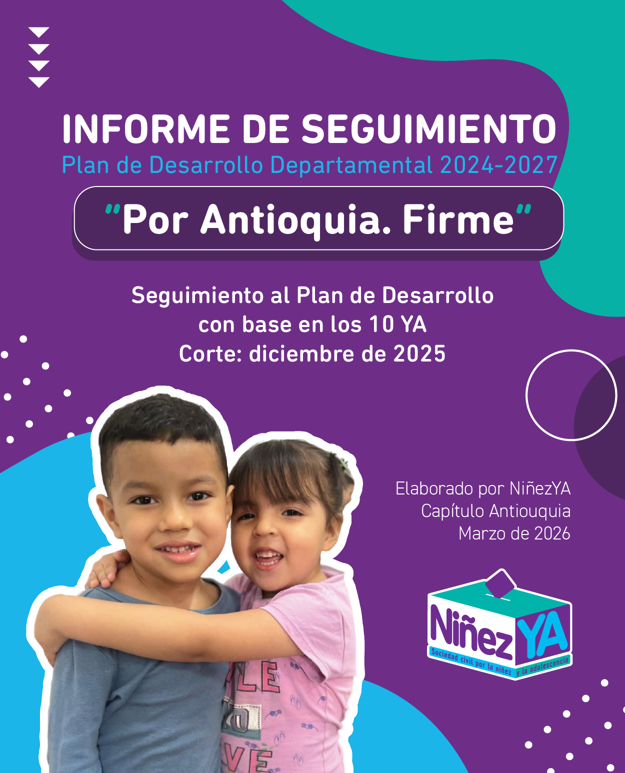 Una pequeña niña abraza a un amigo de su edad en la portada del Informe de seguimiento al PDT 'Por Antioquia firme'