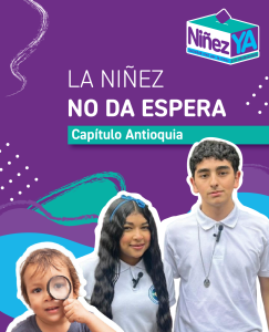 Un adolescente, una adolescente y un niño que observa a través de una lupa en la portada del informe La niñez no da espera - Capítulo Antioquia