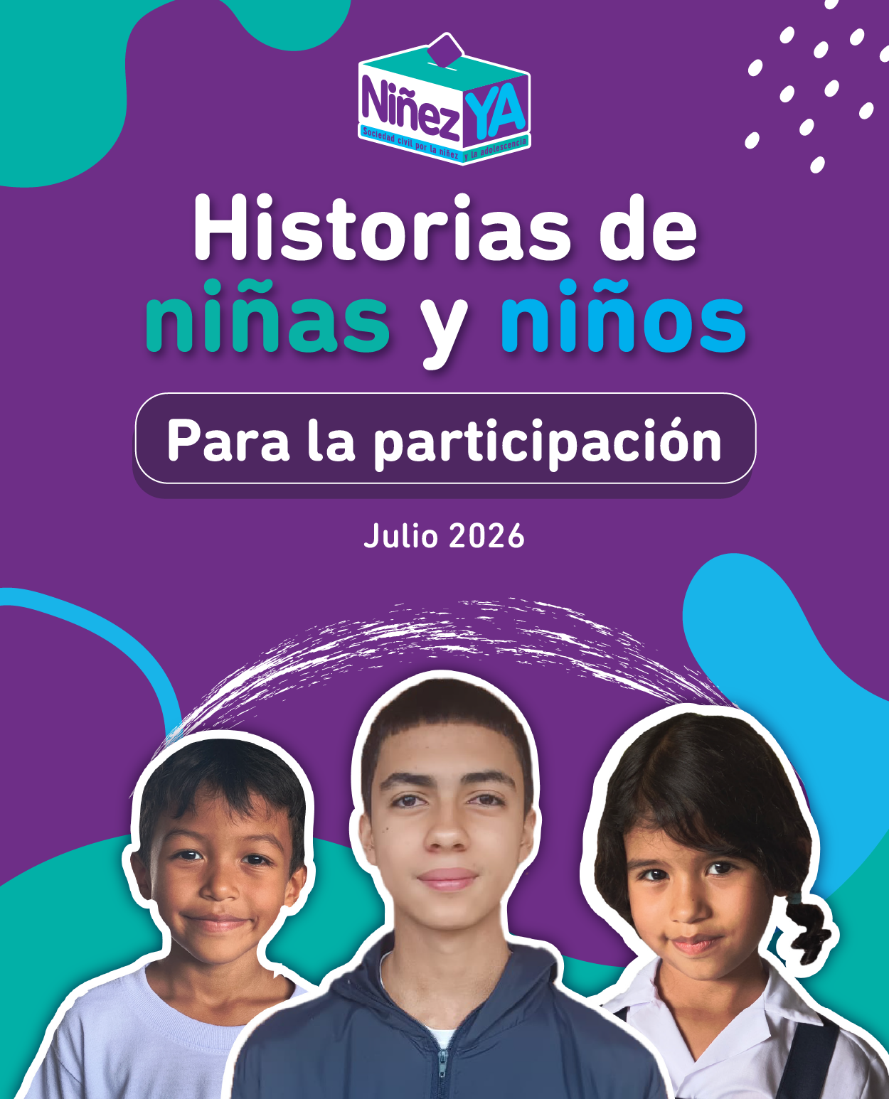 Historias de niñas y niños para la participación. Tres niños parecen en la portada sonriendo